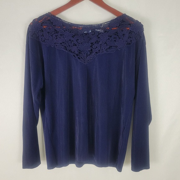 QPS Shirt Womens 1X Blue Ribbed Top Long‎ Sleeve Embroidered Boat Neck Polyester - Picture 1 of 12